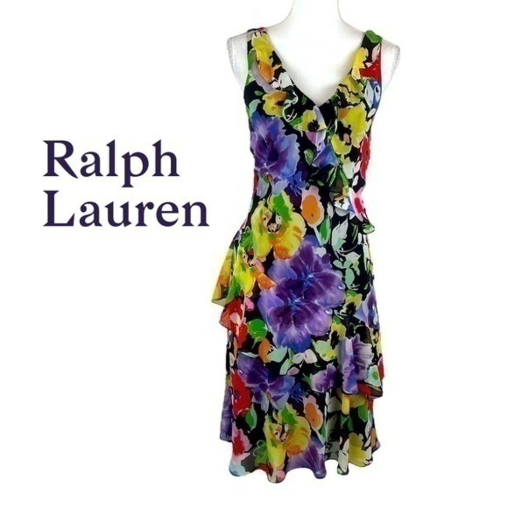 Lauren Ralph Lauren Floral V-Neck Ruffle Dress - Multi on Black